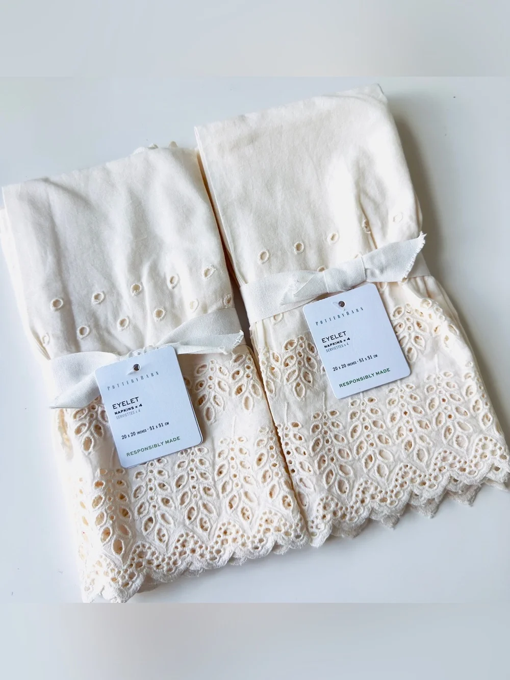 Pottery Barn Eyelet 100% Organic Cotton 20” sq Napkins, Set of 8, NWT Retail $98